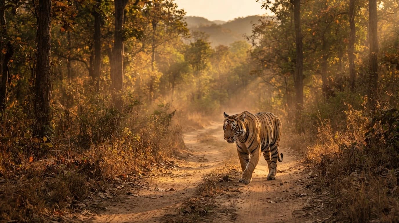 Bengal tiger walking on a safari track in Ratapani Tiger Reserve teak forest