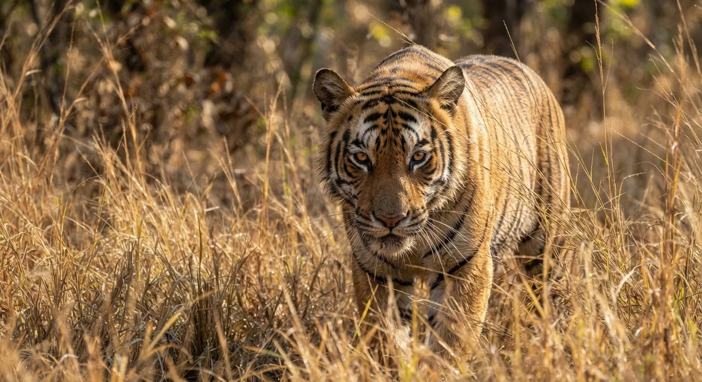 Bengal tiger in dry grass, Ratapani Tiger Reserve animals