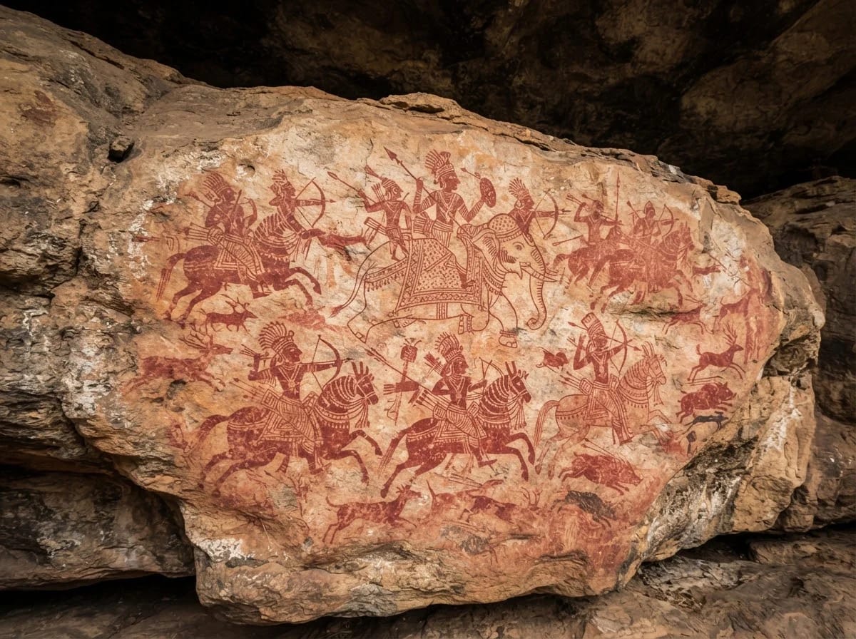 Bhimbetka rock painting of horse and elephant riders