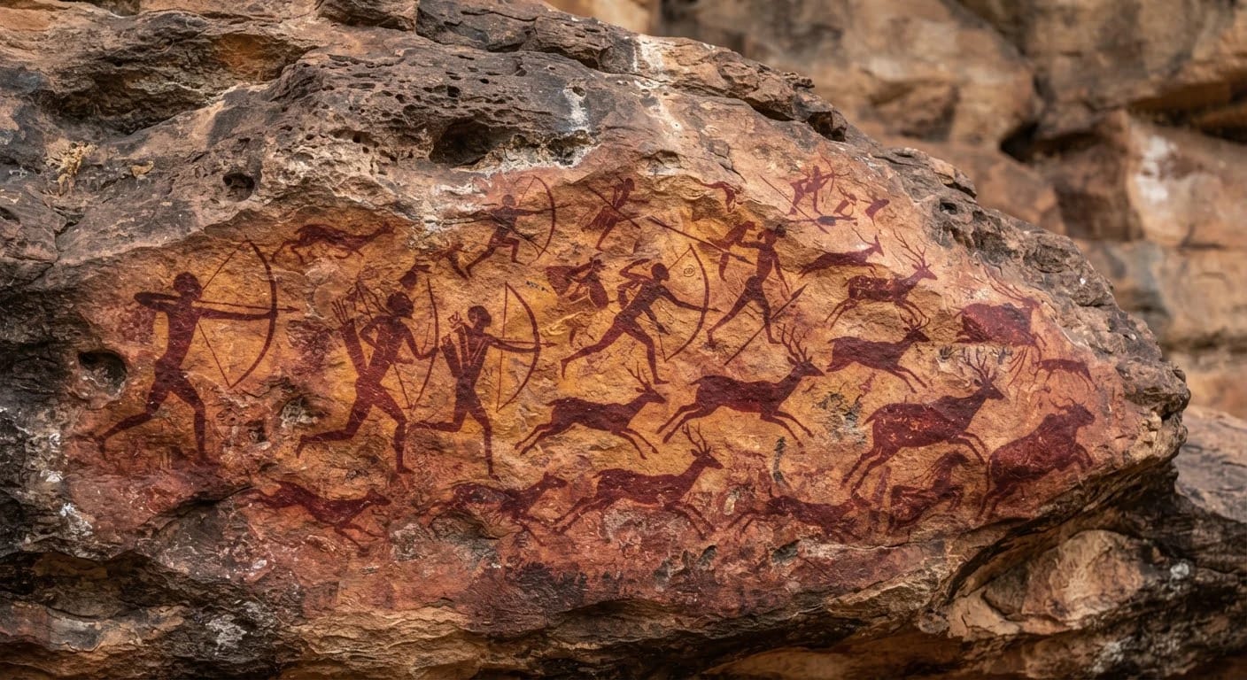Bhimbetka rock art close-up: deer and archers in red pigment