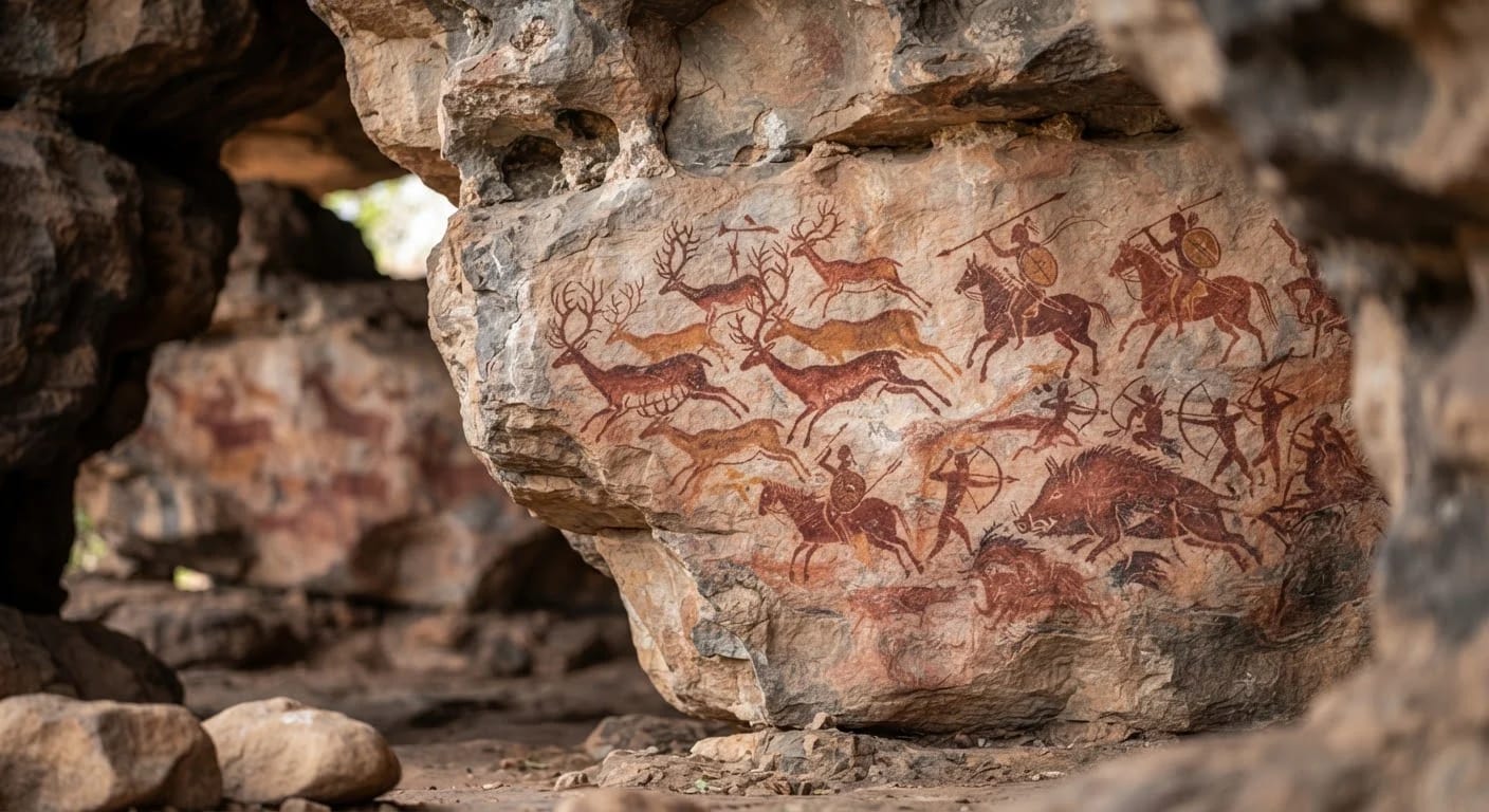 Bhimbetka rock paintings of animals and hunters, Bhimbetka caves