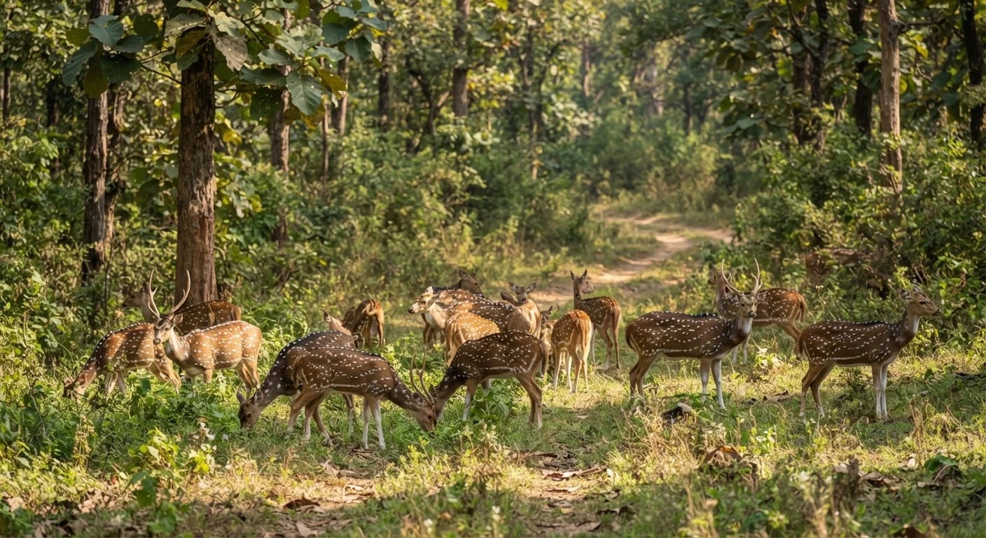 Chital (spotted deer) herd in Ratapani Tiger Reserve