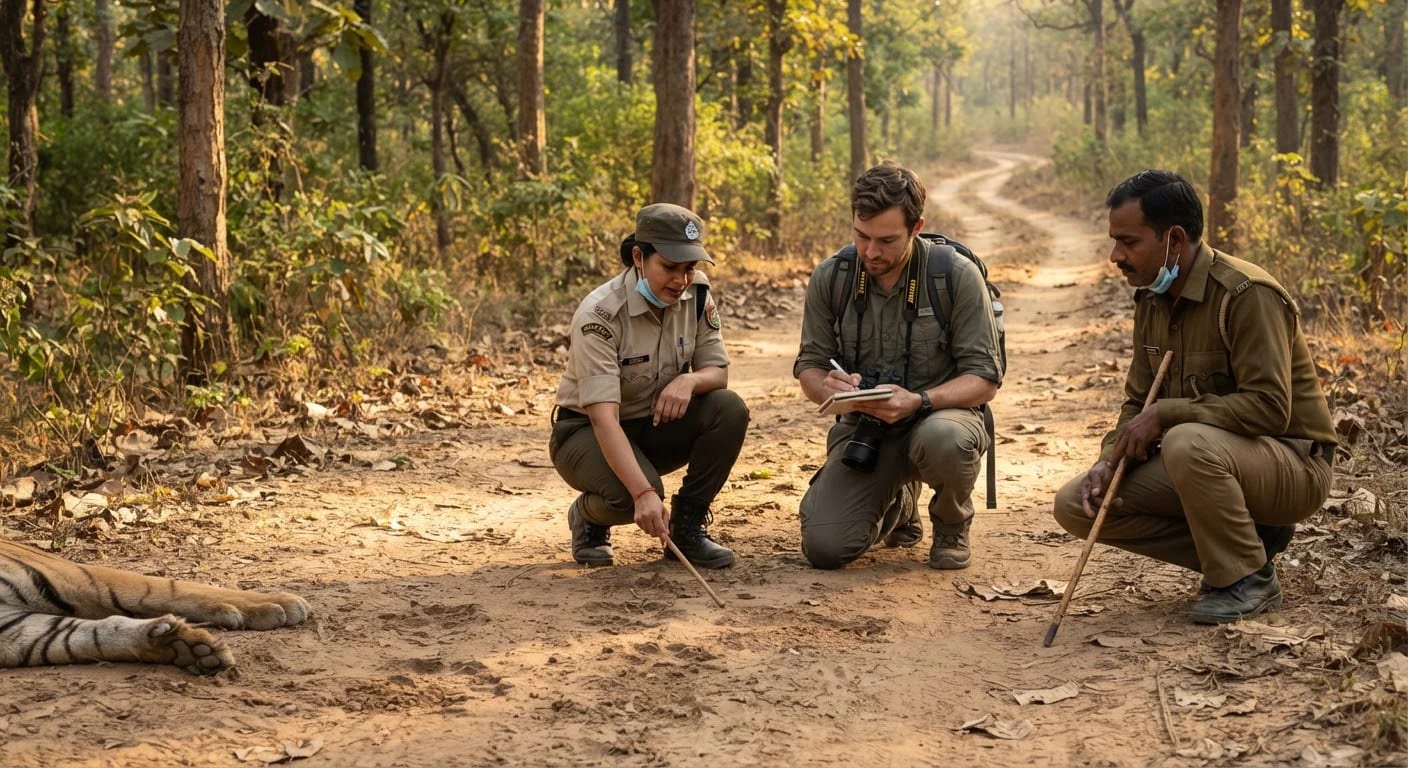 Forest staff studying tiger pugmarks in Ratapani Tiger Reserve