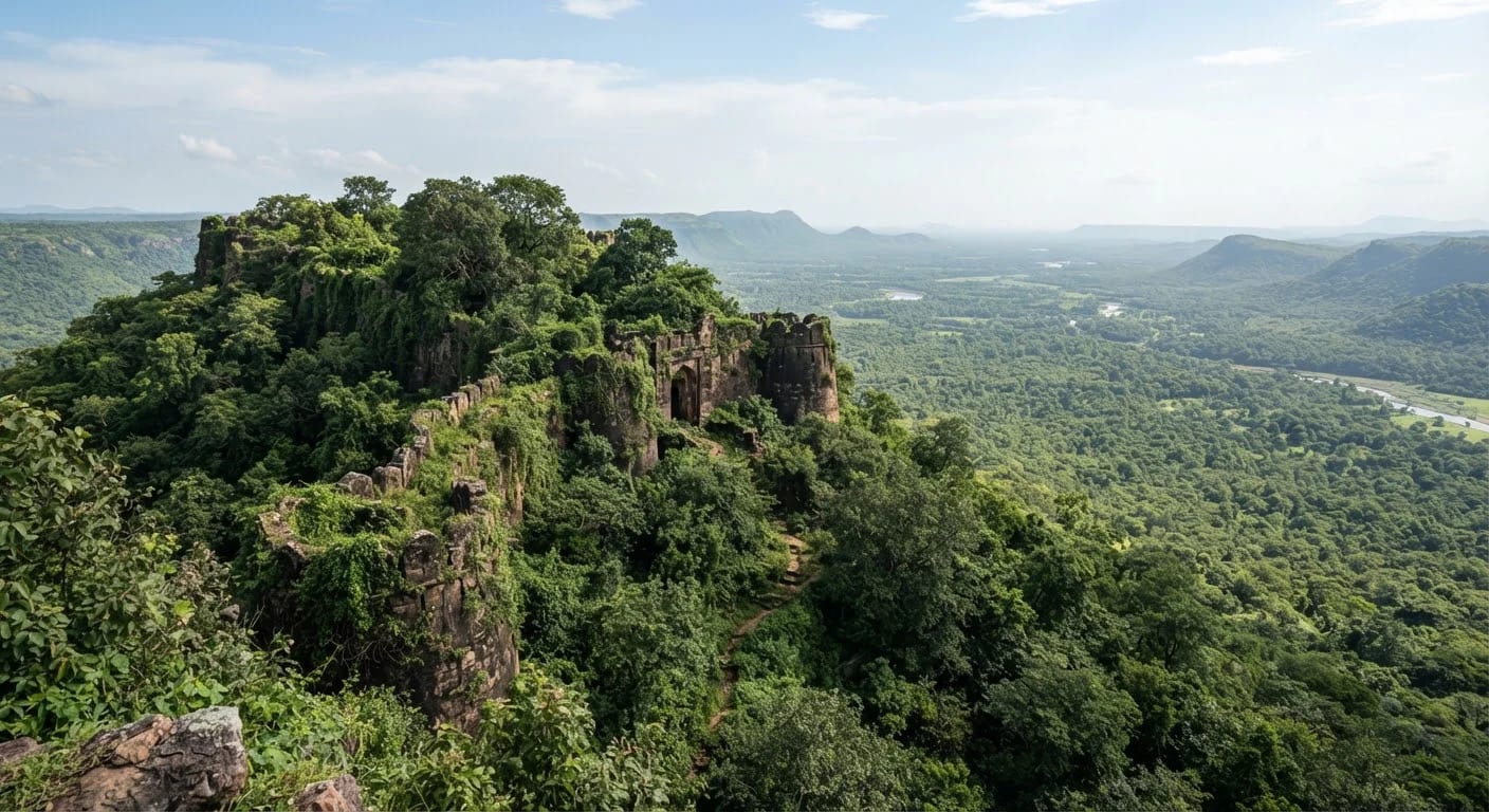 Ginnorgarh Fort ruins on a forested hill in Ratapani