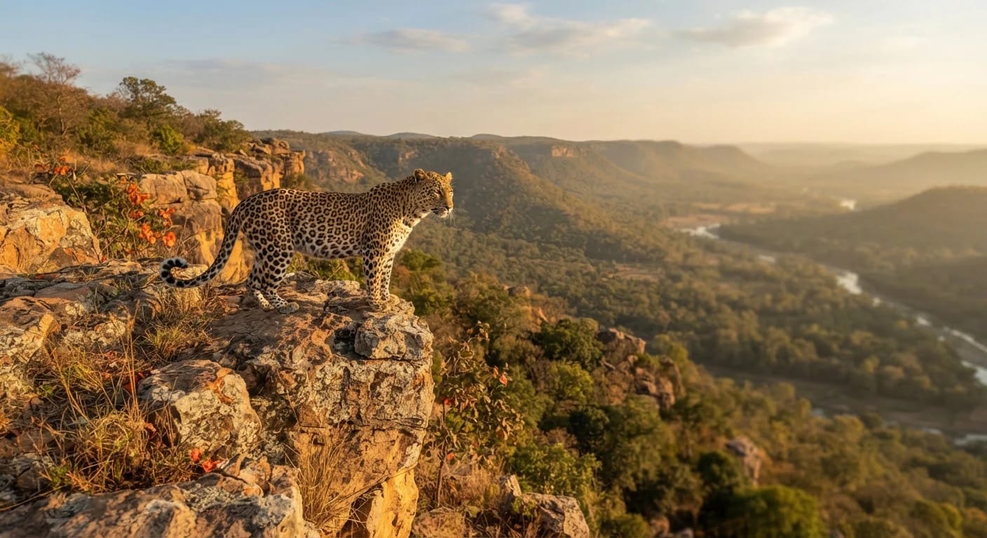 Leopard on a cliff in the Vindhya hills of Ratapani
