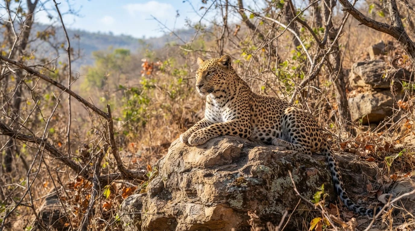 Indian leopard on a rock in Ratapani Wildlife Sanctuary