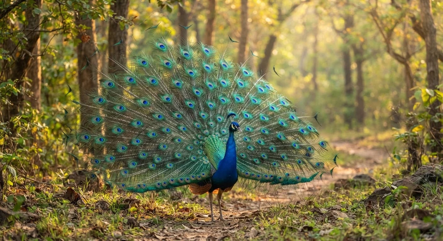 Indian peafowl displaying in Ratapani forest