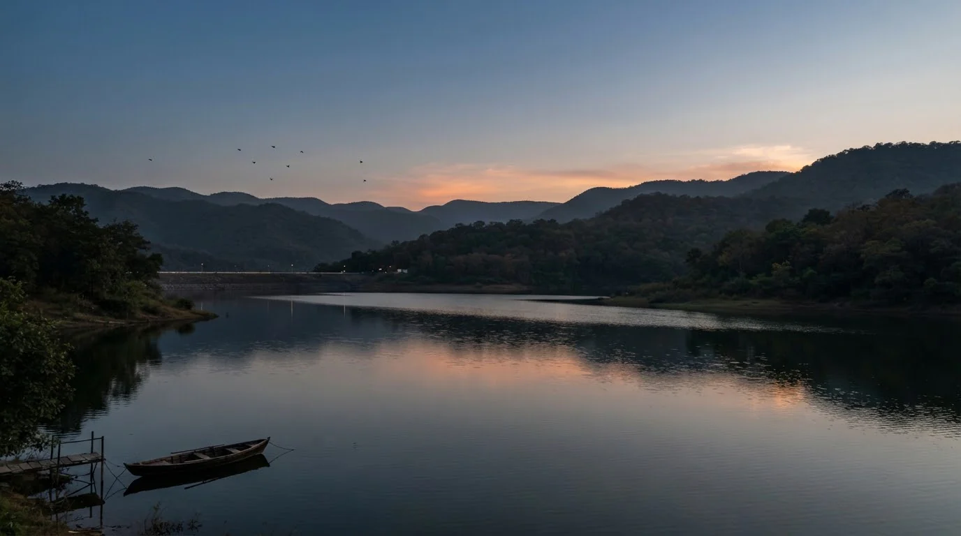 Ratapani Dam reservoir at dusk, Ratapani Tiger Reserve