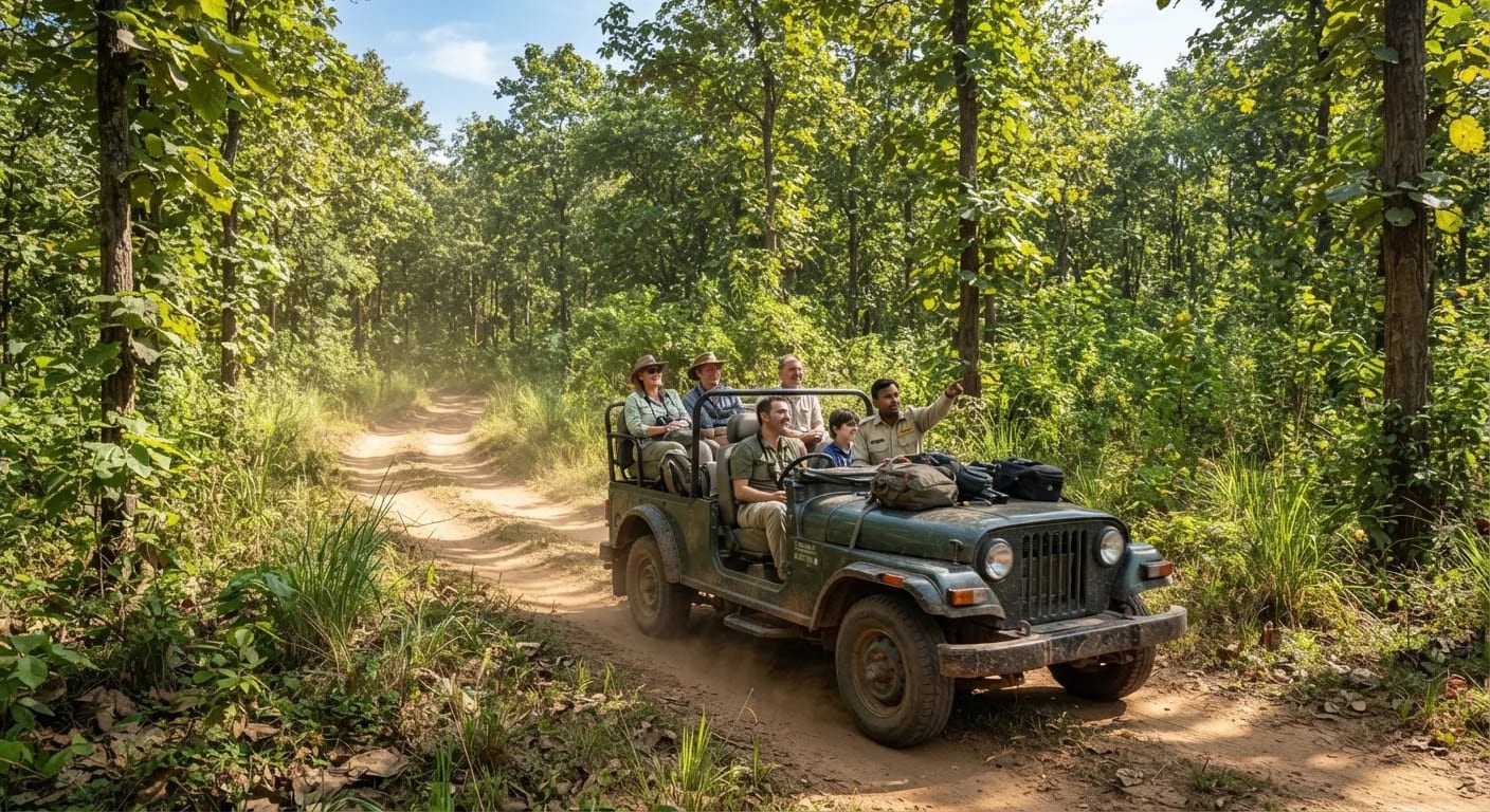 Ratapani jungle safari jeep with visitors and forest guide