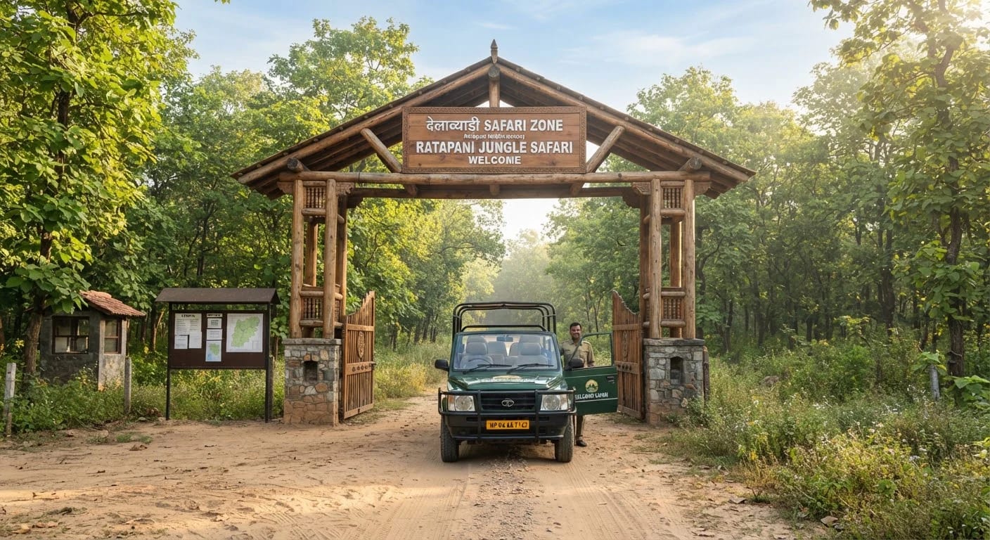 Safari jeep at a Ratapani tiger safari gate