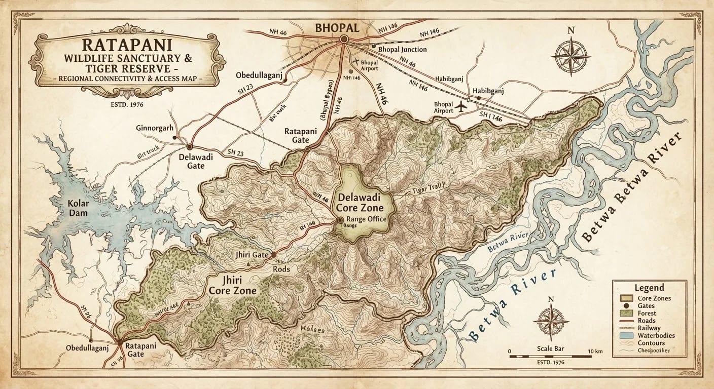 Illustrated Ratapani map showing forest, reservoirs and roads