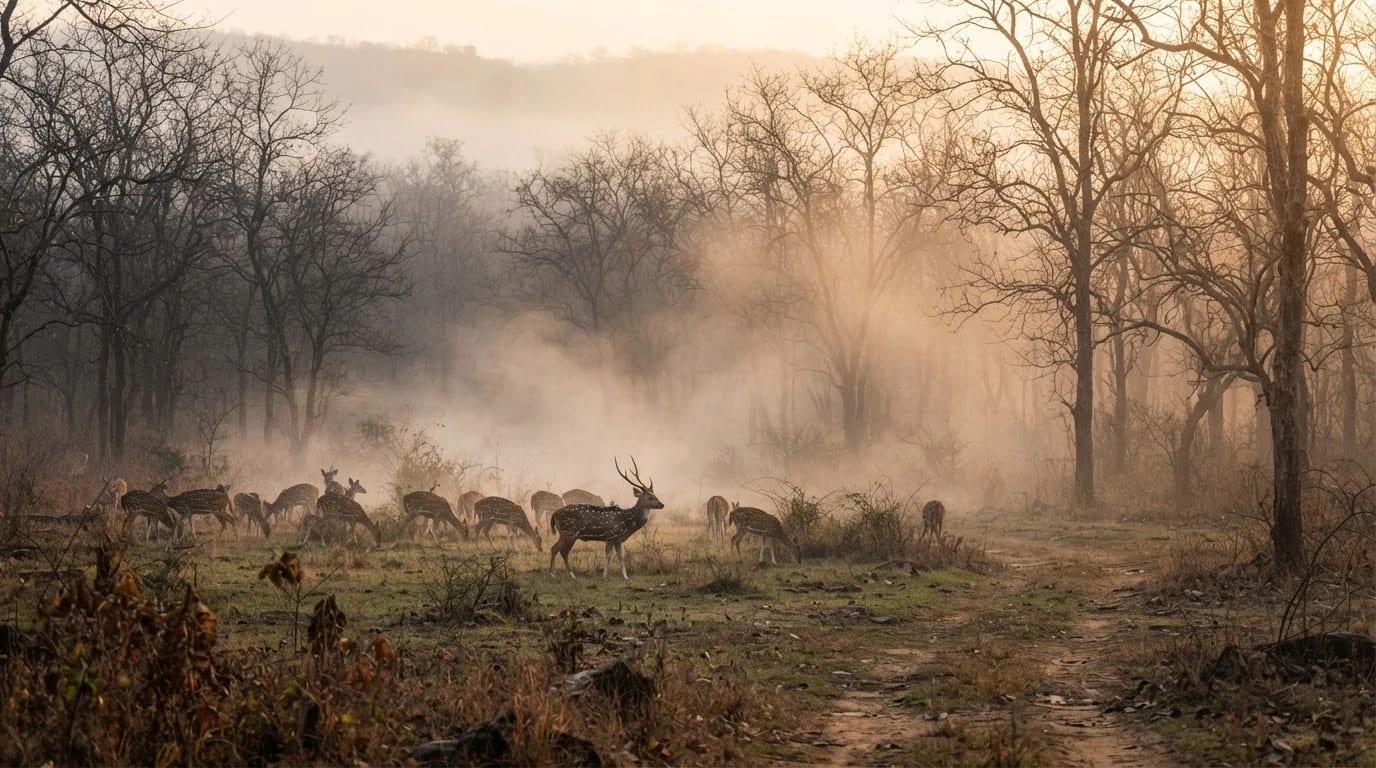 Ratapani forest in winter mist with deer