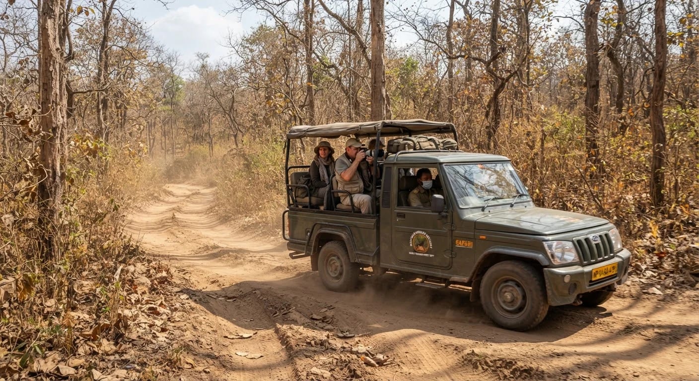 Ratapani safari gypsy on a teak forest road