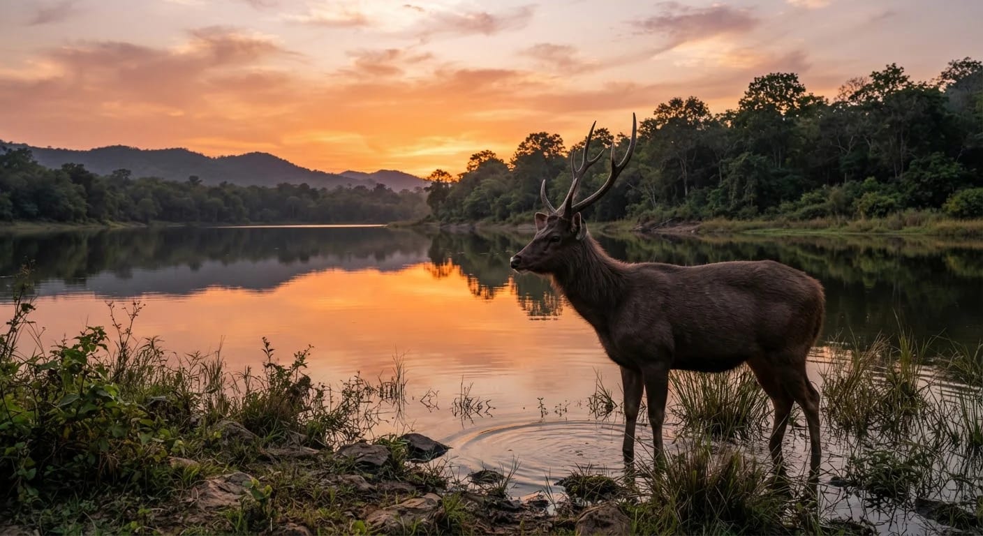 Sambar deer at a reservoir in Ratapani Wildlife Sanctuary