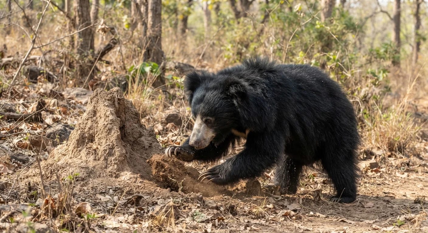 Sloth bear foraging in Ratapani Wildlife Sanctuary