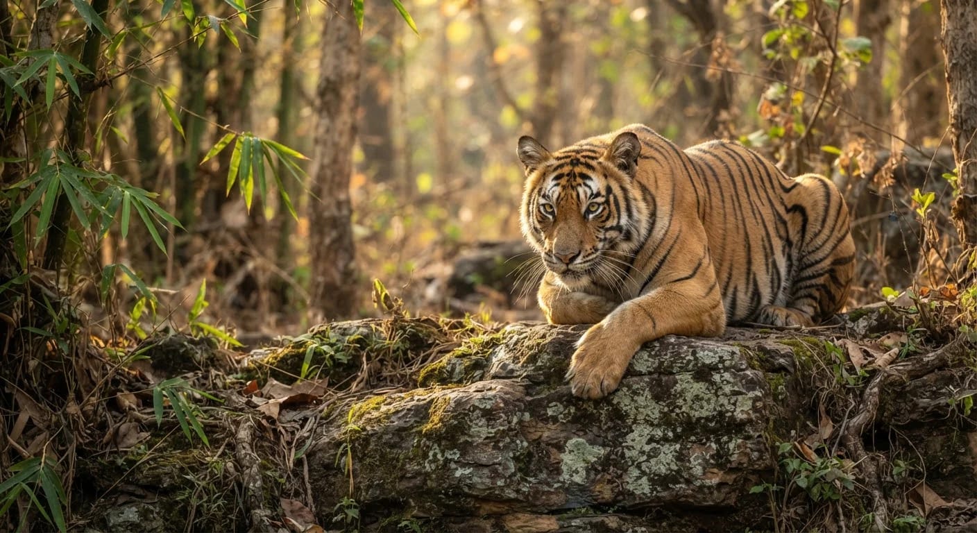 Tiger resting on sandstone rock in Ratapani Tiger Reserve