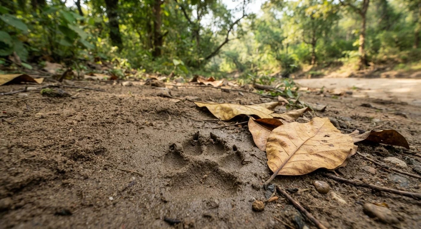 Tiger pugmark in riverbed sand, Ratapani