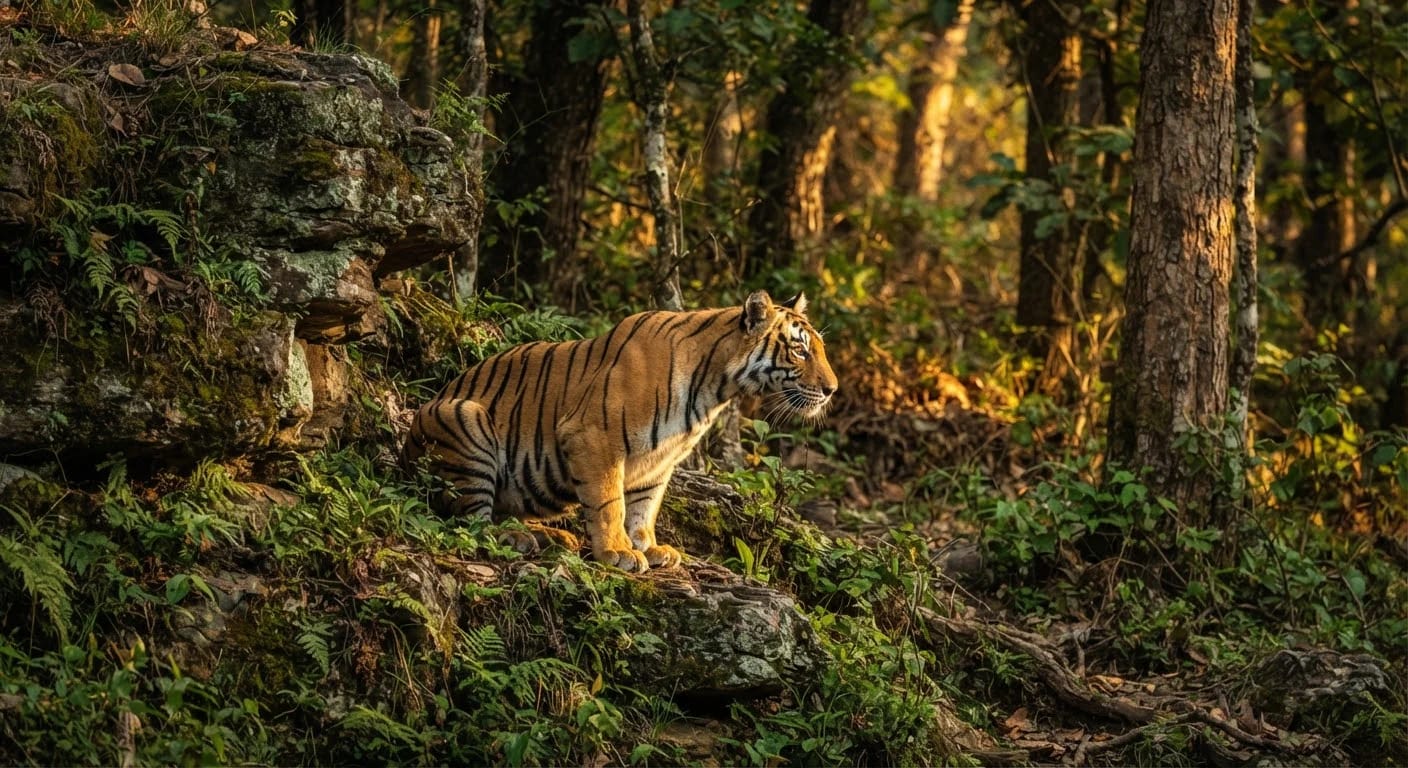 Tigress beside sandstone rock in Ratapani Tiger Reserve