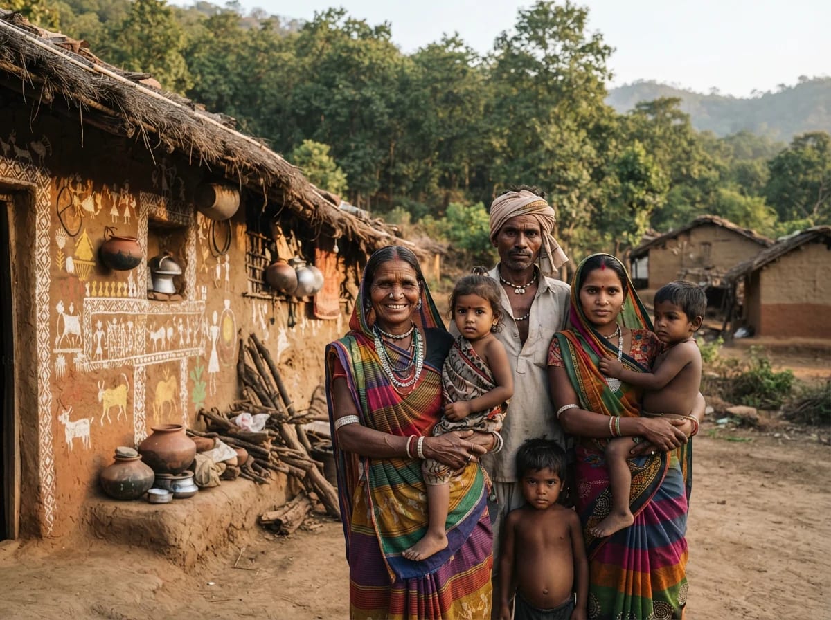 Gond adivasi family in a village near Ratapani