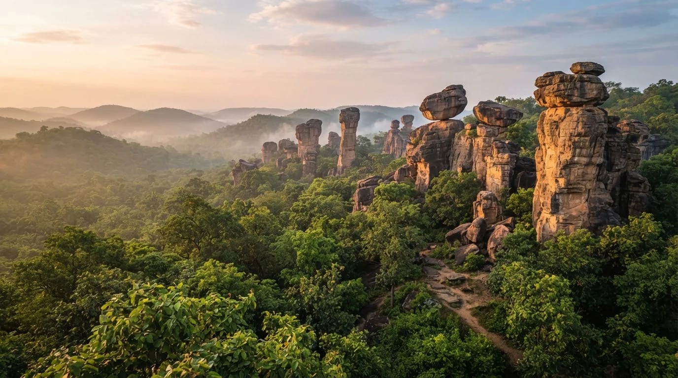 Bhimbetka rock shelters sandstone towers above Ratapani forest