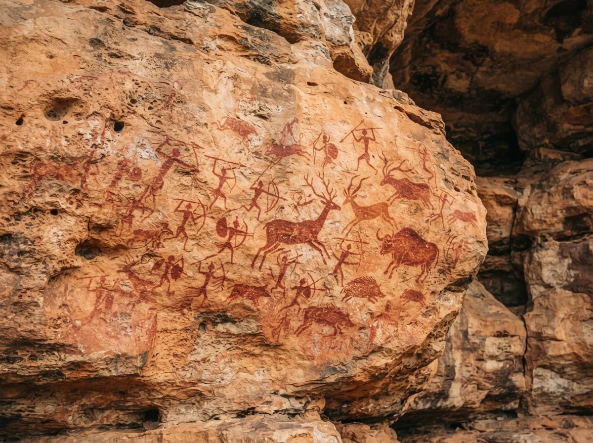 Bhimbetka cave paintings in red ochre: hunters, deer and bison