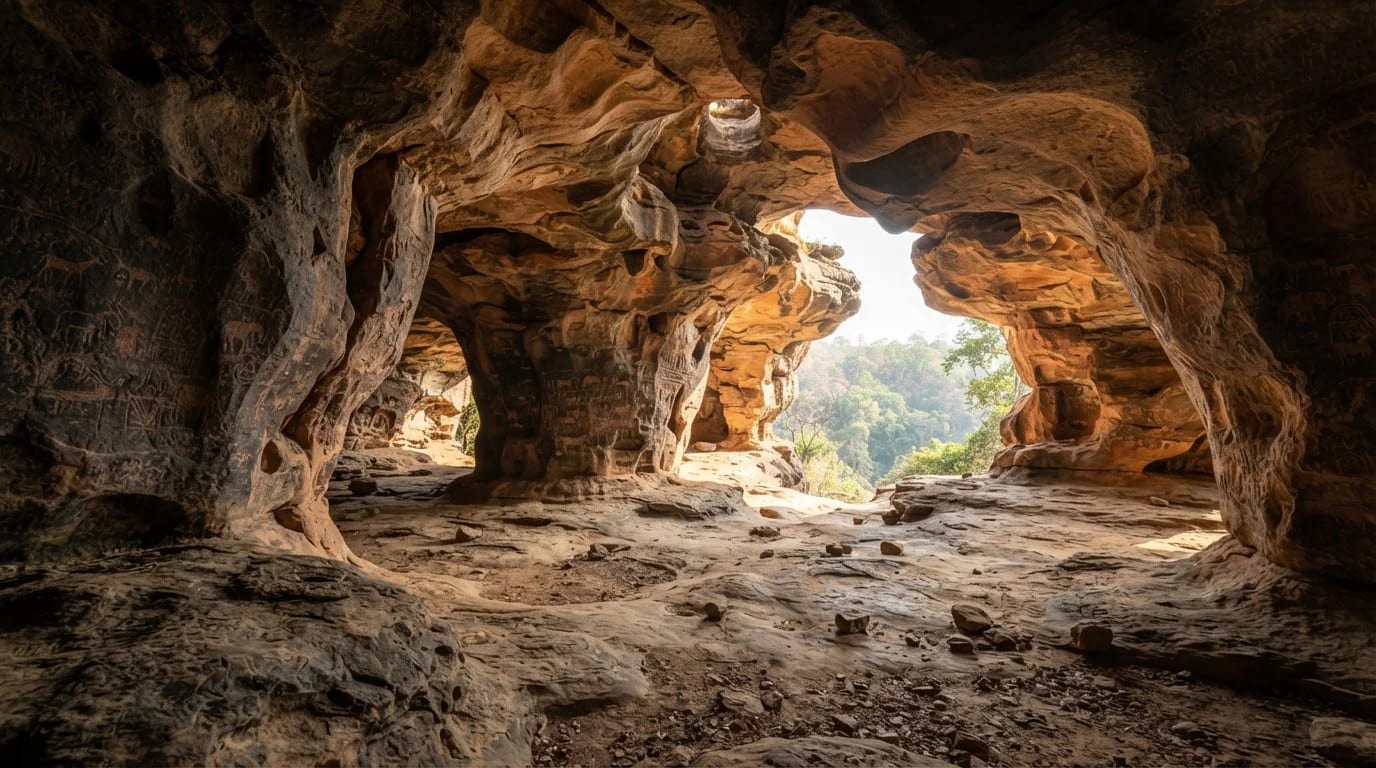 Inside a Bhimbetka rock shelter, Bhimbetka caves near Bhopal