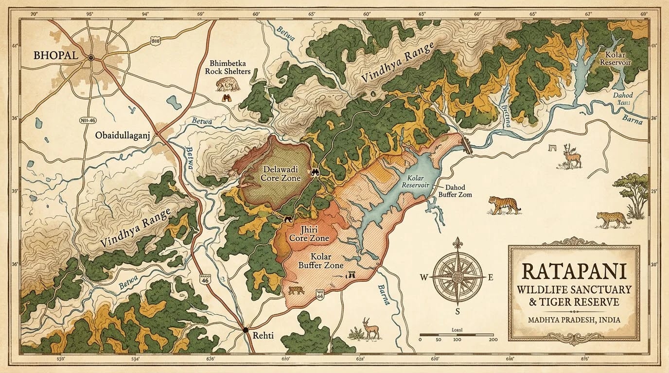 Map of Ratapani region with Bhimbetka and Bhojpur temple