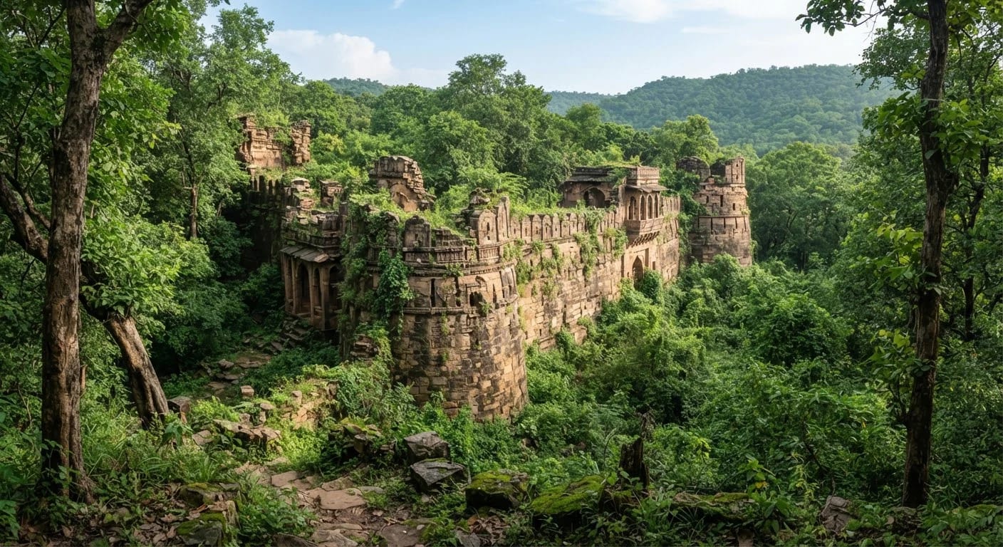 Ginnorgarh Fort walls in the forest of Ratapani Tiger Reserve