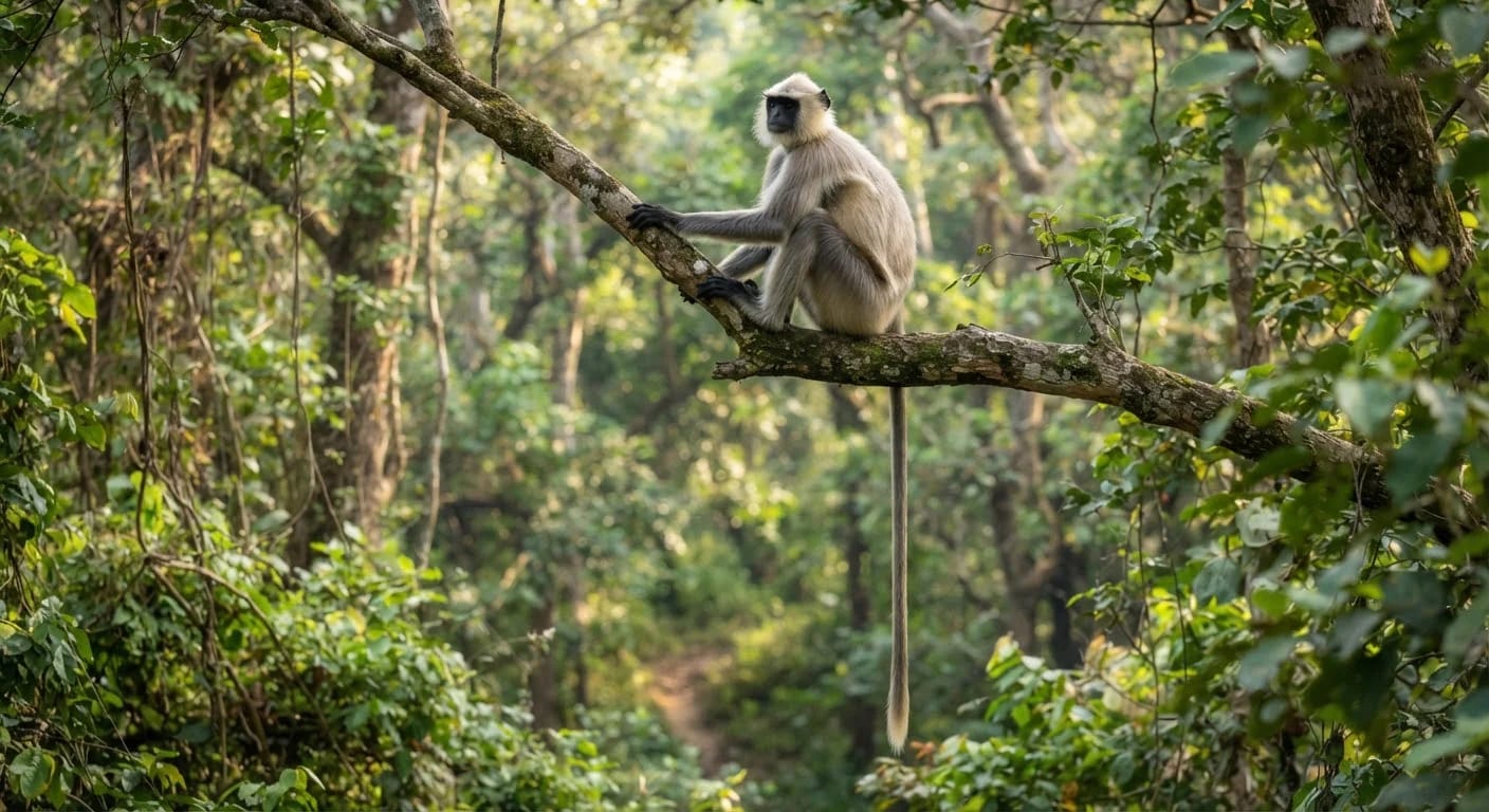 Gray langur in a teak tree, Ratapani