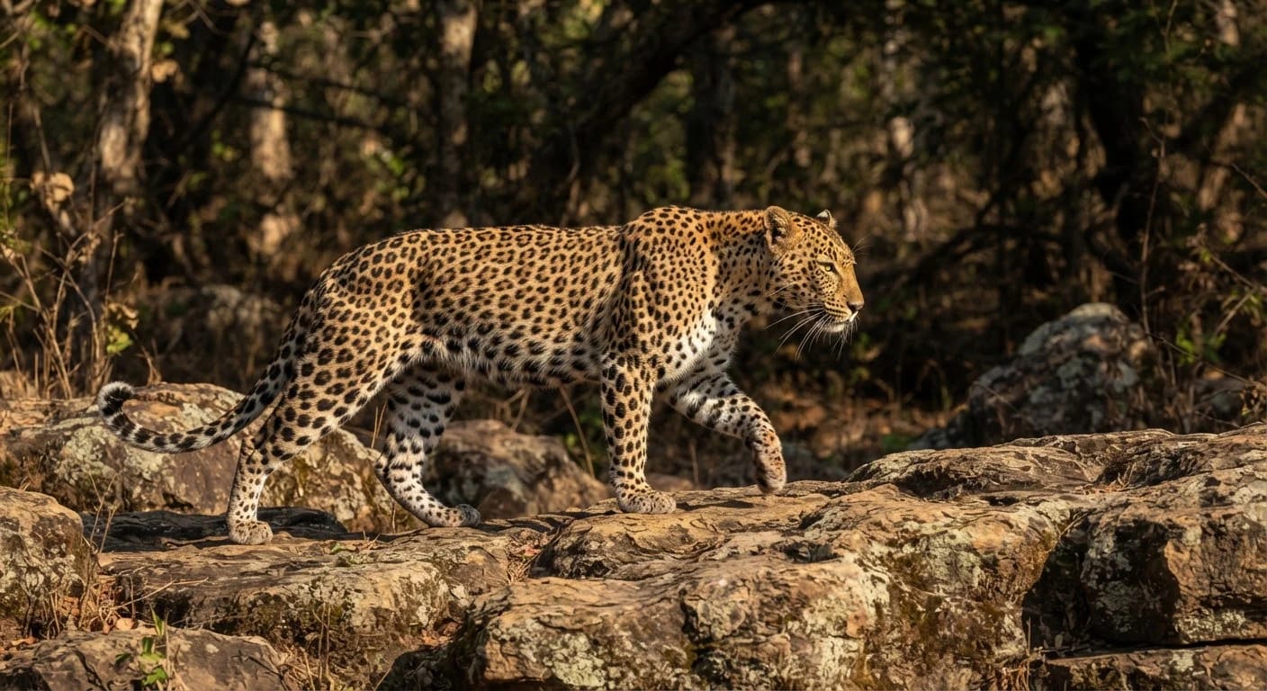 Indian leopard on sandstone boulders in Ratapani