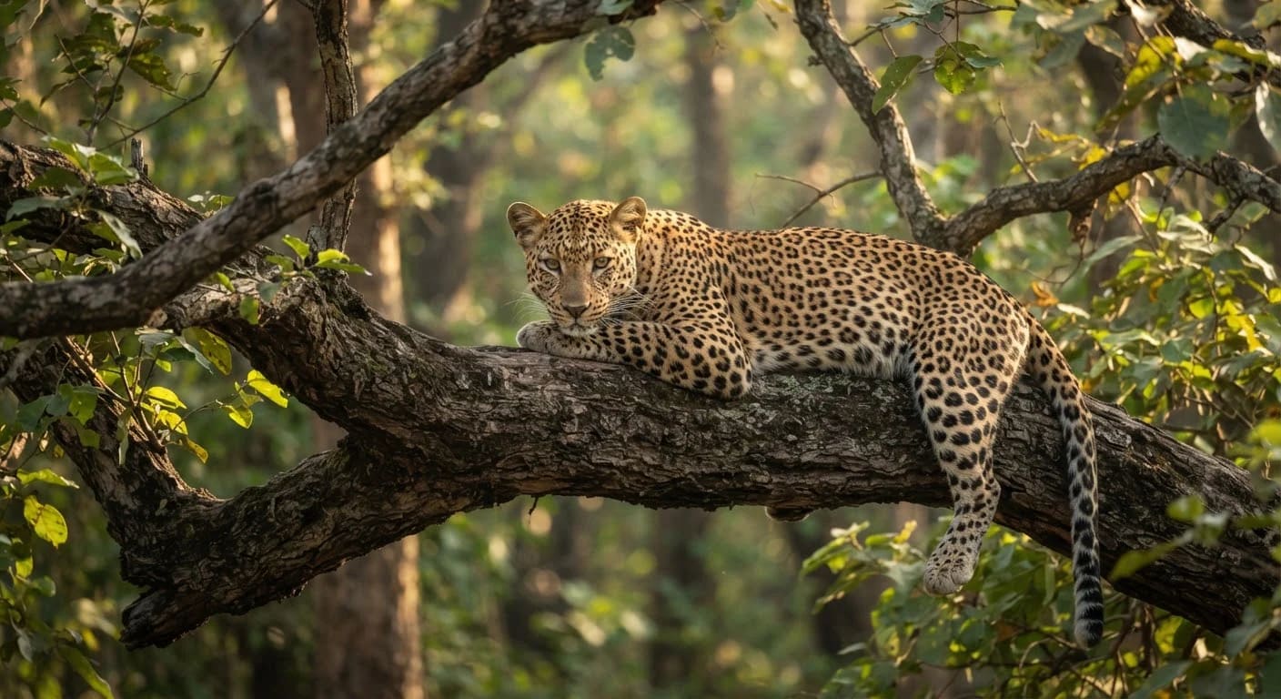 Leopard on a teak branch, Ratapani wildlife
