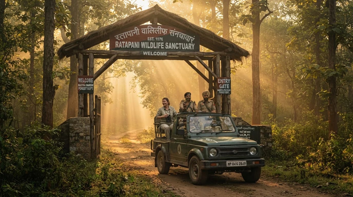 Ratapani safari gate entrance with safari gypsy