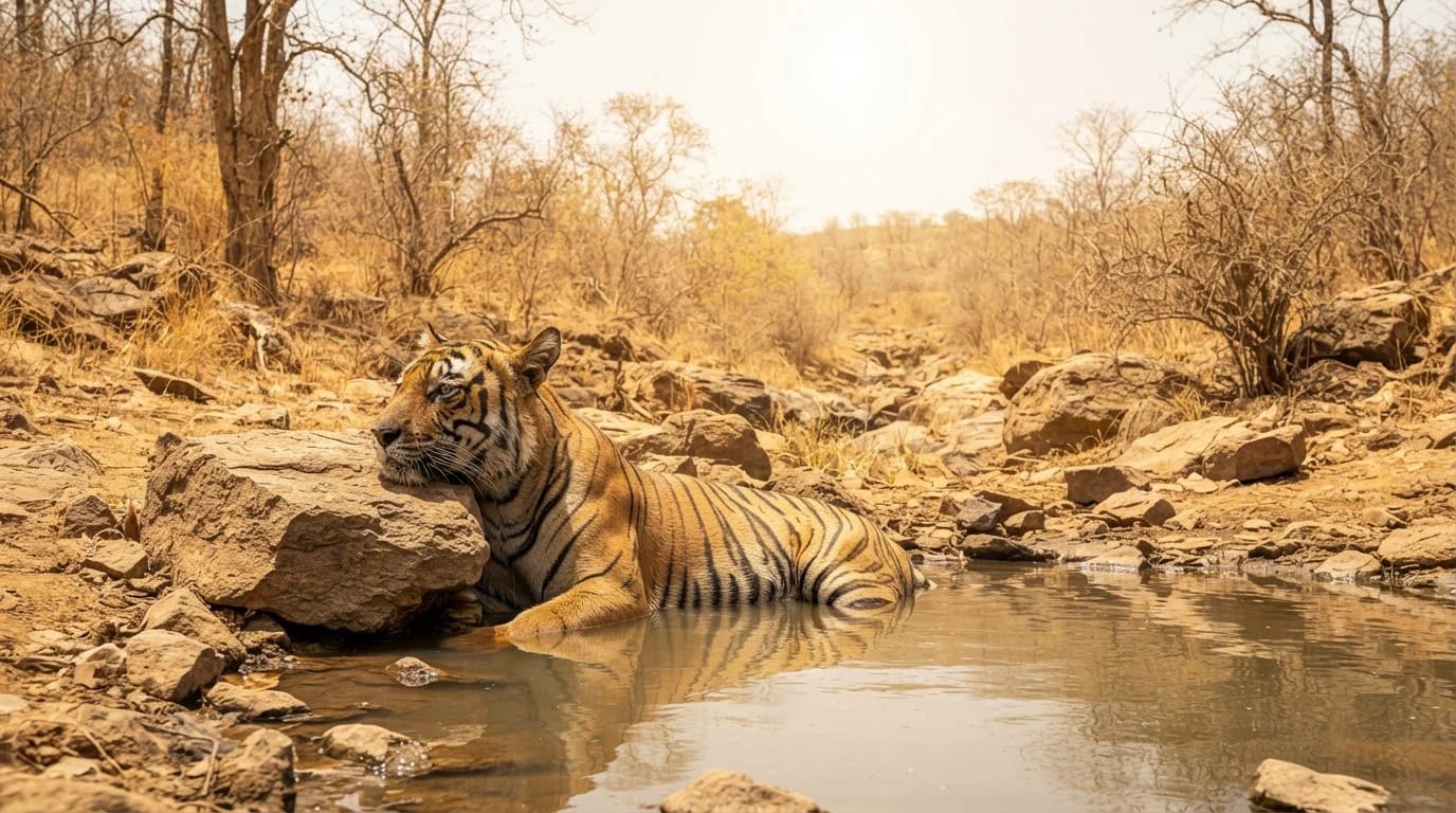 Tiger at a waterhole in summer, best season for Ratapani tiger sightings
