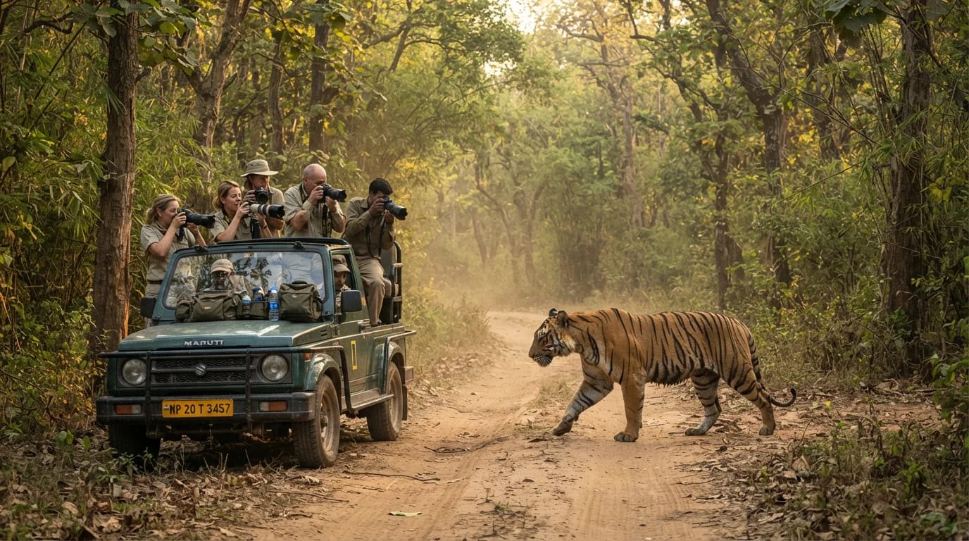 Tiger crossing the track in front of a Ratapani tiger safari jeep