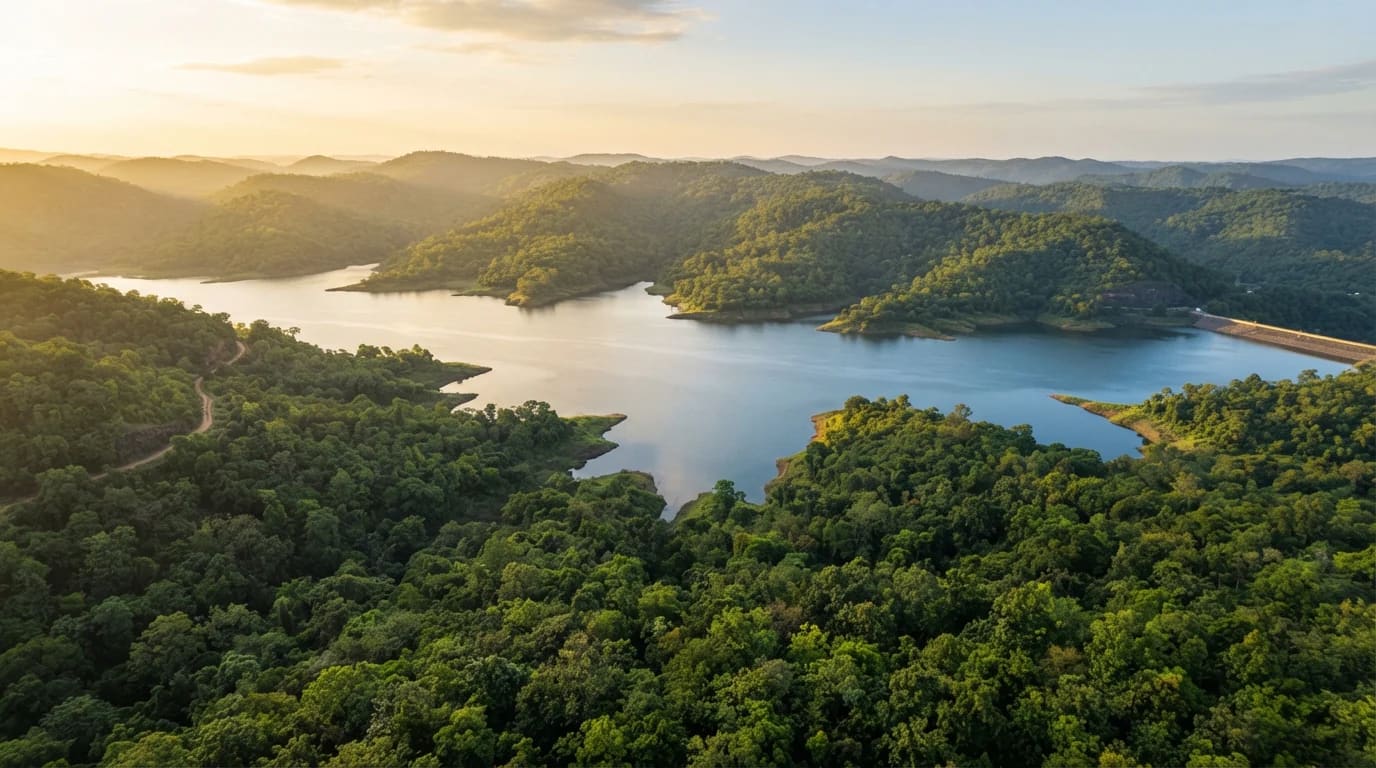 Aerial view of Ratapani Wildlife Sanctuary forest and reservoir