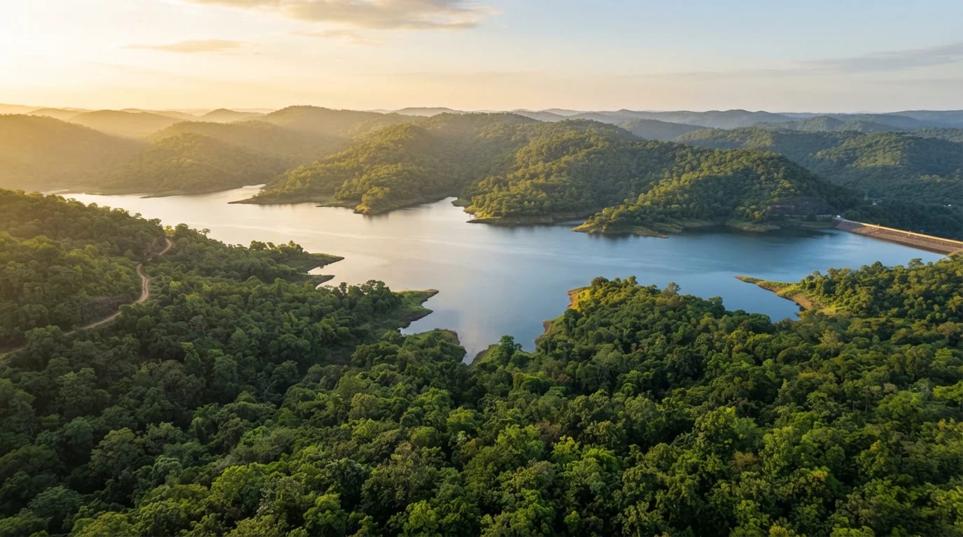 Aerial view of Ratapani Wildlife Sanctuary forest and reservoir