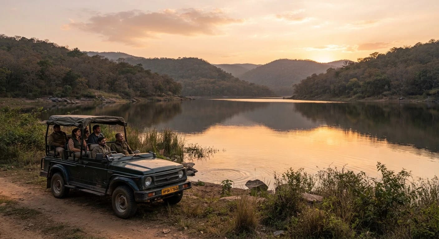 Safari vehicle by a reservoir at Ratapani