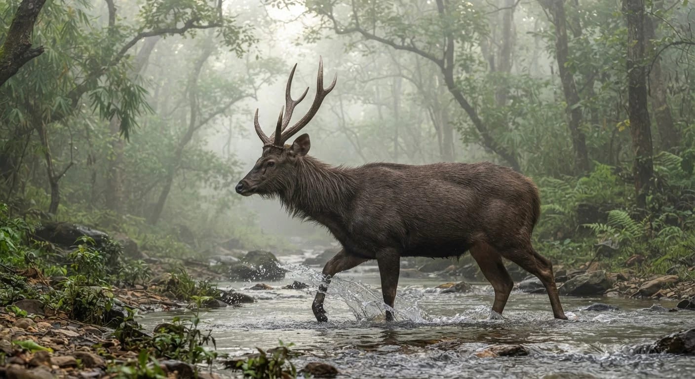 Sambar deer in a forest stream, Ratapani wildlife