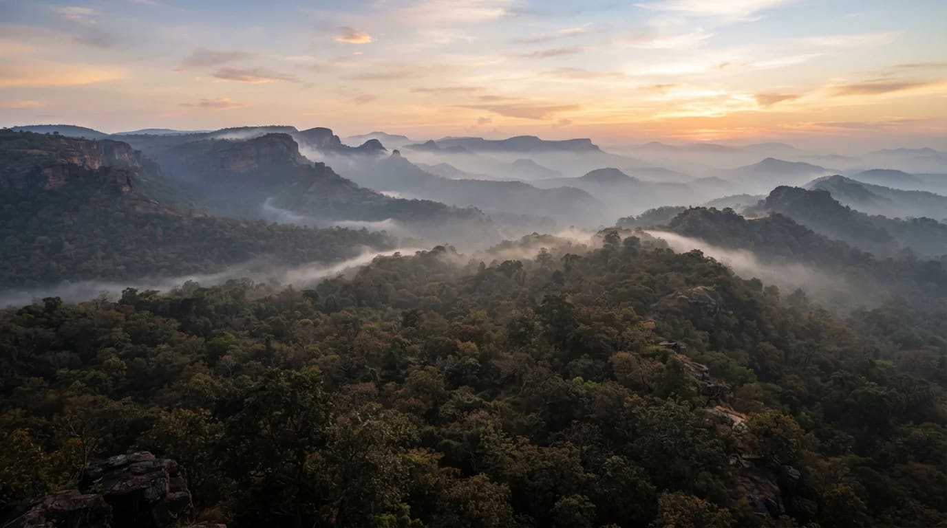 Misty Vindhya hills at sunrise, history of Ratapani